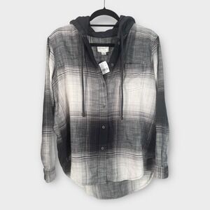 NWT American Eagle Hooded Flannel Shirt - XXS - Black White - Contrast Hood